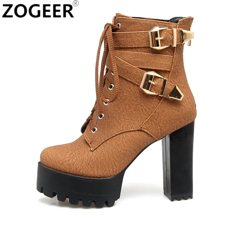 Winter Stiefeletten Für Frauen Schuhe Plattform Sexy Schnalle Punk Ferse Motorrad Boot Braune Schuhe Frau Große Größe