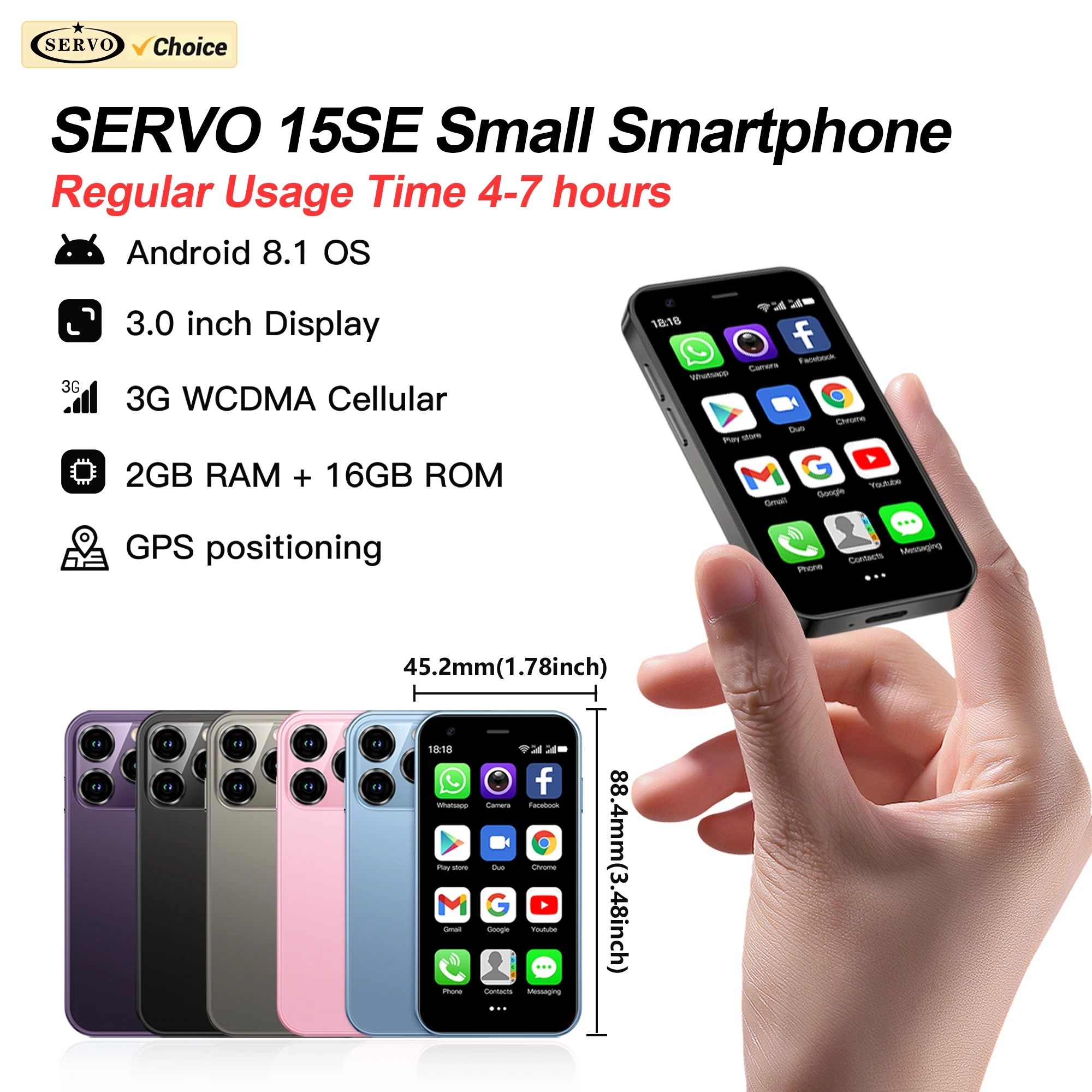 SERVO 15SE Mini Smartphone Android OS 16GB ROM WhatsAPP Play Store WiFi 2SIM Standby 3.0