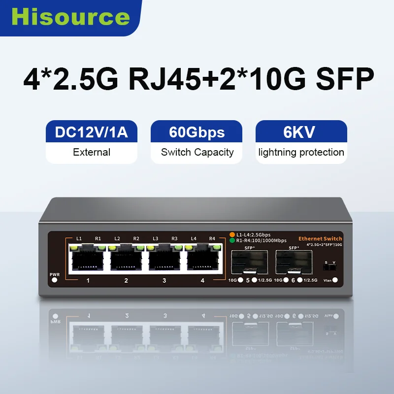 Hisource 4-Port 2,5G-Ethernet-Switch Keine POE-Netzwerk-Switch mit 2 Ports 10G SFP+ Unmanaged Plug and Pla Image