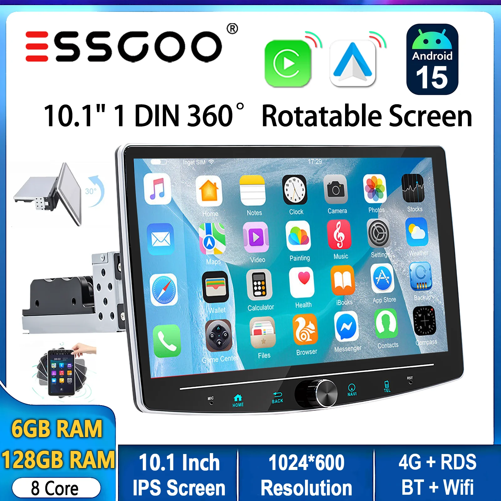 ESSGOO Android 15 10,1" 360 ° Drehbarer Bildschirm 1DIN 6+128G 8core 4G Universal Auto Stereo Carplay mit Mikrofon AM Wifi BT RDS SWC Image