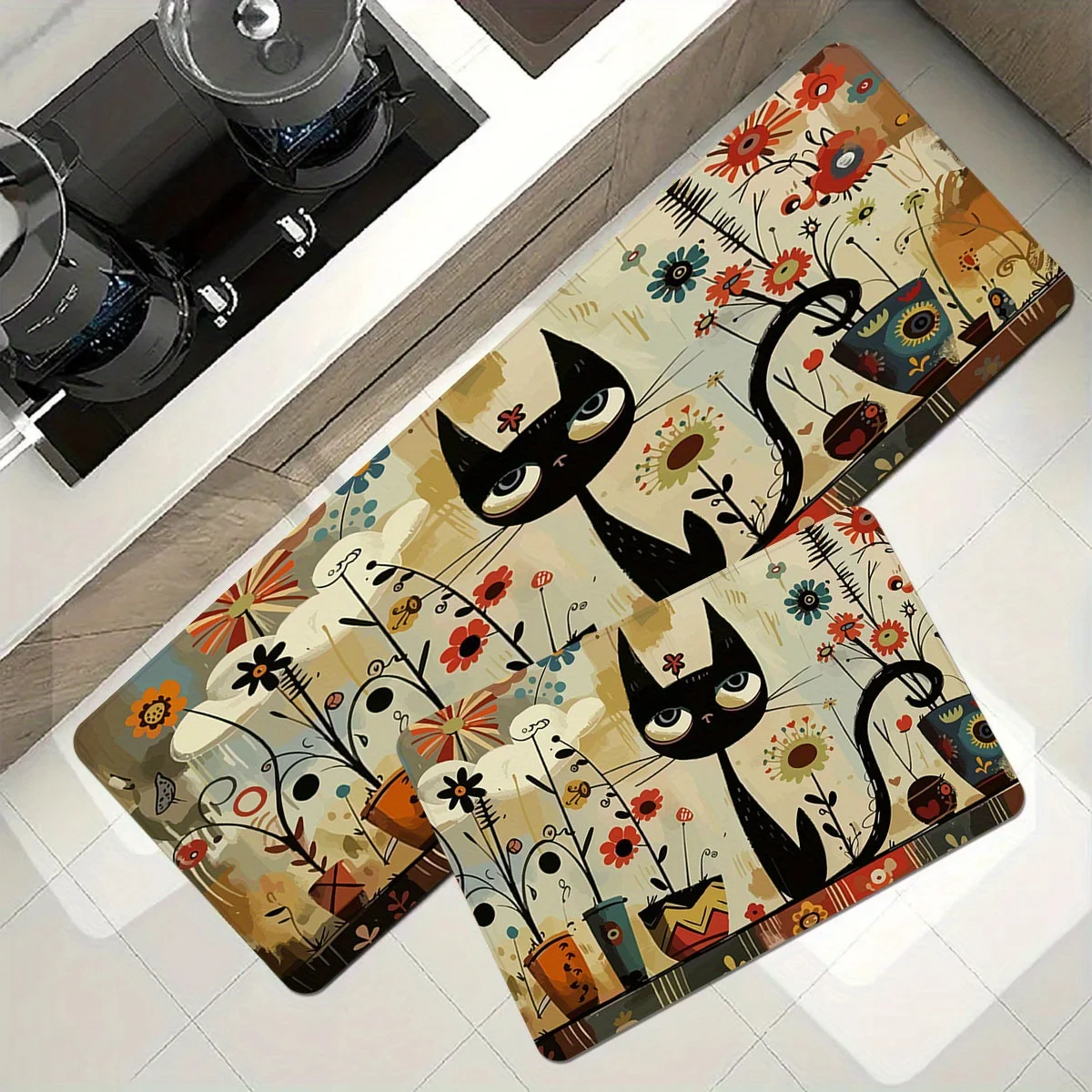 VIKAMA Black Cat Pattern Kitchen Rug Long Carpet Waterproof Bathroom Mat Rug For Bedroom Carpet For Live Room Home Decoration