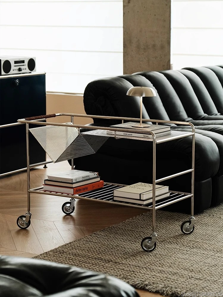 Nordischer Retro-Beistelltisch mit Rollen, mobiler Sofa-Caddy, Rollwagen aus Edelstahl, stilvoller Aufbewahrungs- und Couchtisch für das Wohnzimmer Image