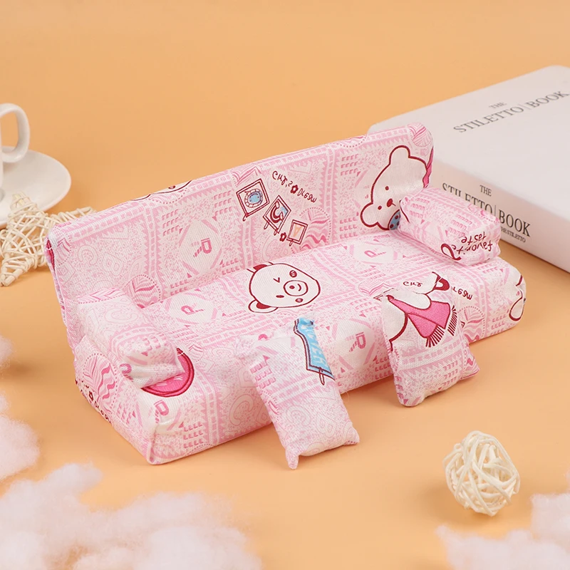 3 teile/satz Puppenhaus Kleine Nette Floral Stoff Sofa Set Möbel Mit 2 Kissen Möbel Zubehör Für Puppe Haus Dekor Spielzeug Image