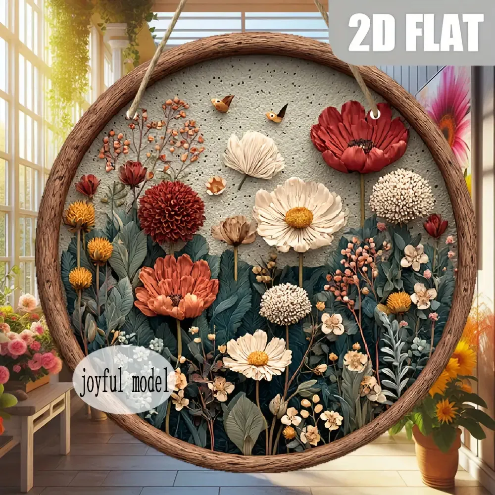 2D flach, 20,3 x 20,3 cm große Vintage-Blumen-Wandkunst – rustikale Bauernhaus-Dekoration mit Rot, Weiß, Gelb, Grün, Braun, Beige, Grau, Schwarz, -