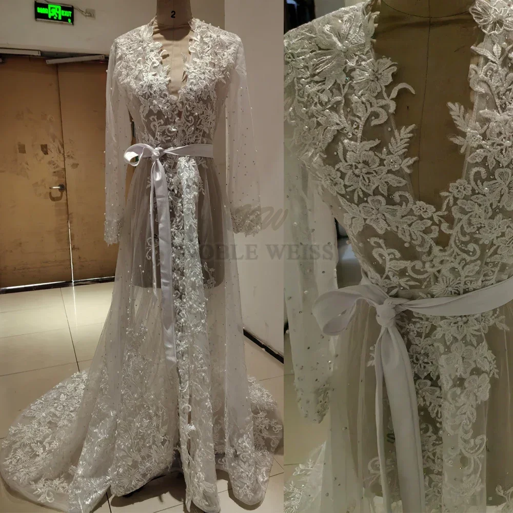 Perlen Applikationen Langarm Hochzeit Robe Jacke Robe Party Schal BOLERO Braut Cape Kristall Perlen Lange Hochzeit Mantel Angepasst Image