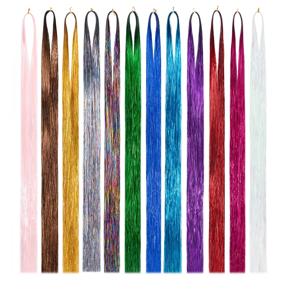 Benehair 120 cm 200 Stränge funkelndes, glänzendes Haar-Lametta, Regenbogen-Seiden-Haarverlängerungen, blendet Hippie-Frauen zum Flechten von Kopfschmuck Image