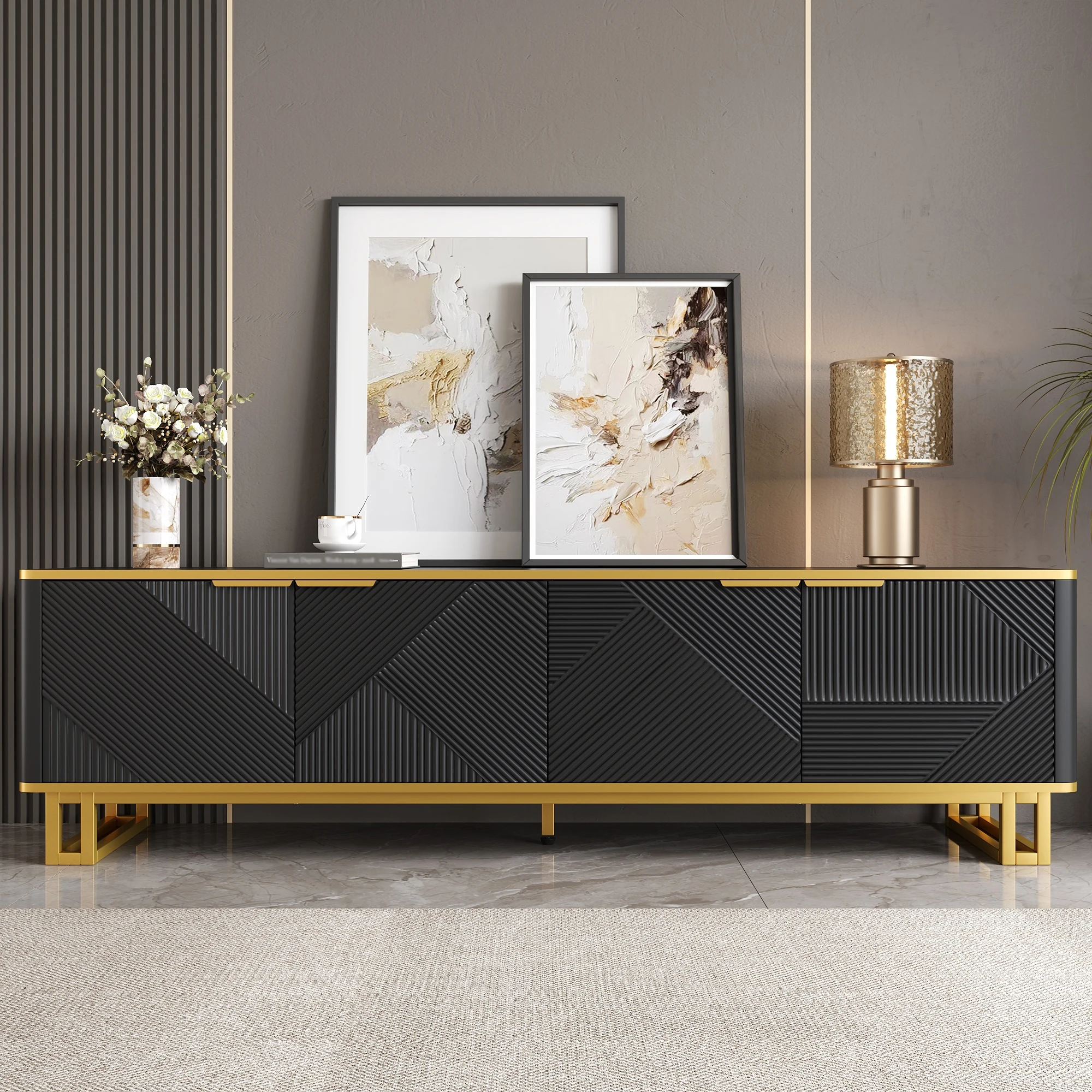 Meuble TV à quatre portes, meuble TV, panneau TV, meuble TV bas. Conception unique, texture géométrique. 160 x 37,5 x 48 cm (L x L x H)