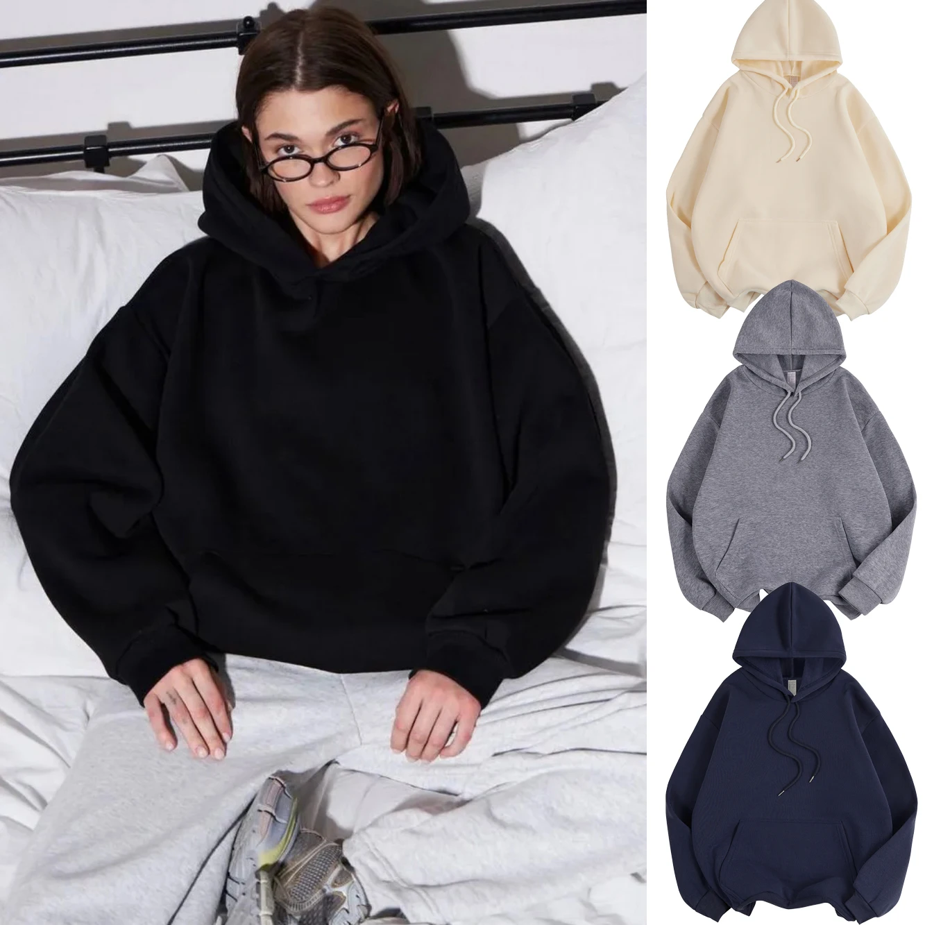 NEW Winter Womens Solid Hoodies Basic Strecth Fleece Comfortable Sweatshirts Loose Pocket Warm Clothes Street Female Pullover