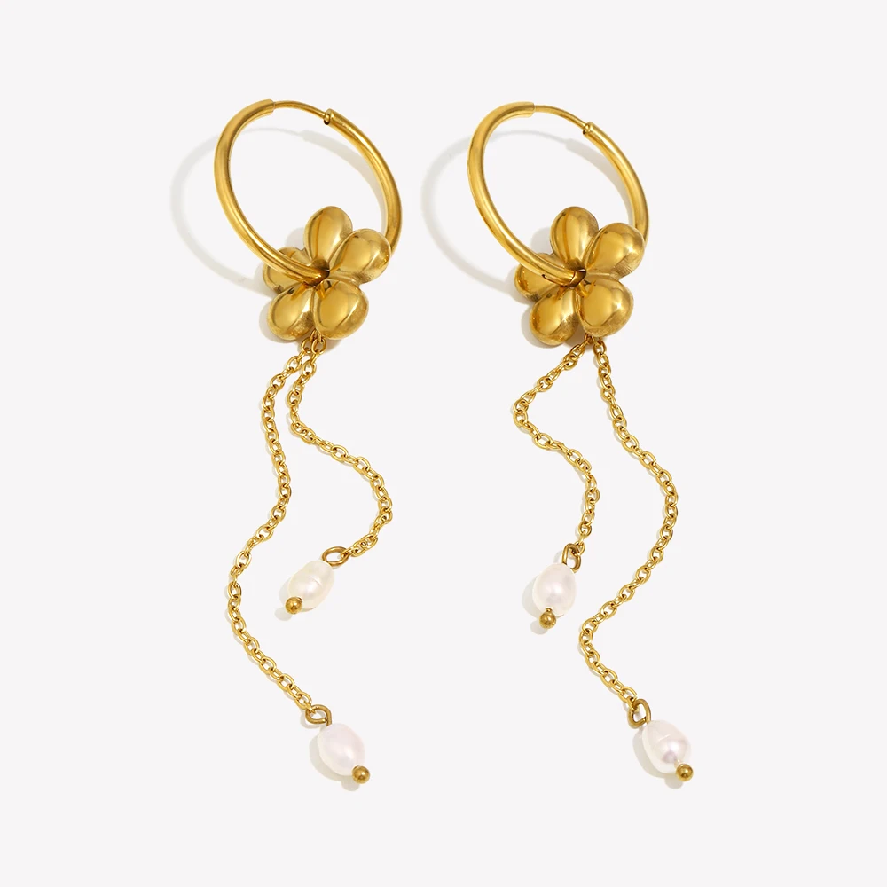 E.B.belle Neue 18k Gold Überzogene Elegante Stil Blume Perle Quaste Hoop Ohrring Edelstahl Frauen Schmuck Zubehör