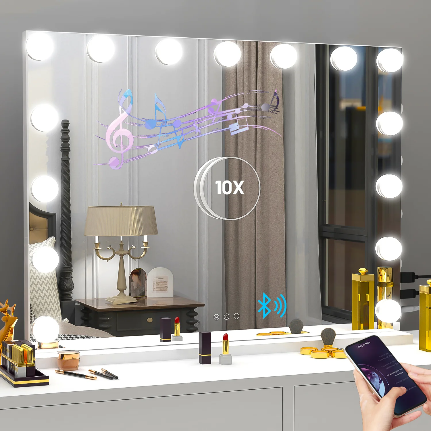 Bluetooth-Musik-Make-up-Spiegel, Badezimmerspiegel mit 15 LED-Lampen, USB/Typ-C, 58 x 46 cm, Kosmetikspiegel zum Waschen von Maskerade