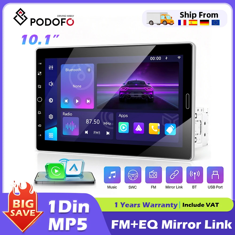 Podofo 10,1 Zoll drehbarer Bildschirm 1DIN Android Auto Autoradio MP5-Player mit kabellosem Carplay Bluetooth FM AM RDS Radioempfänger Image
