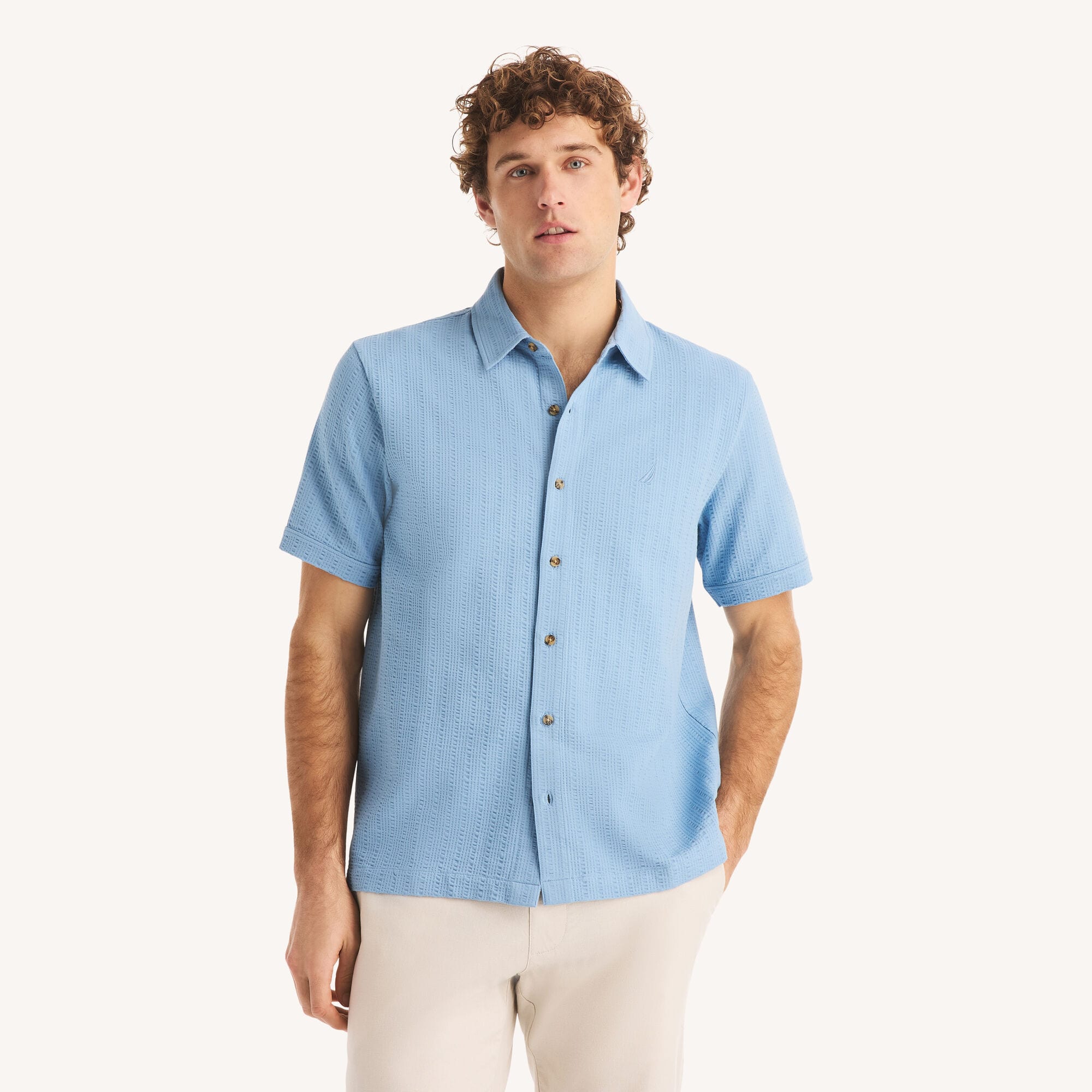 Nautica Men's Classic Fit Seersucker Button-Front Polo 962 (Blue Dive), XS