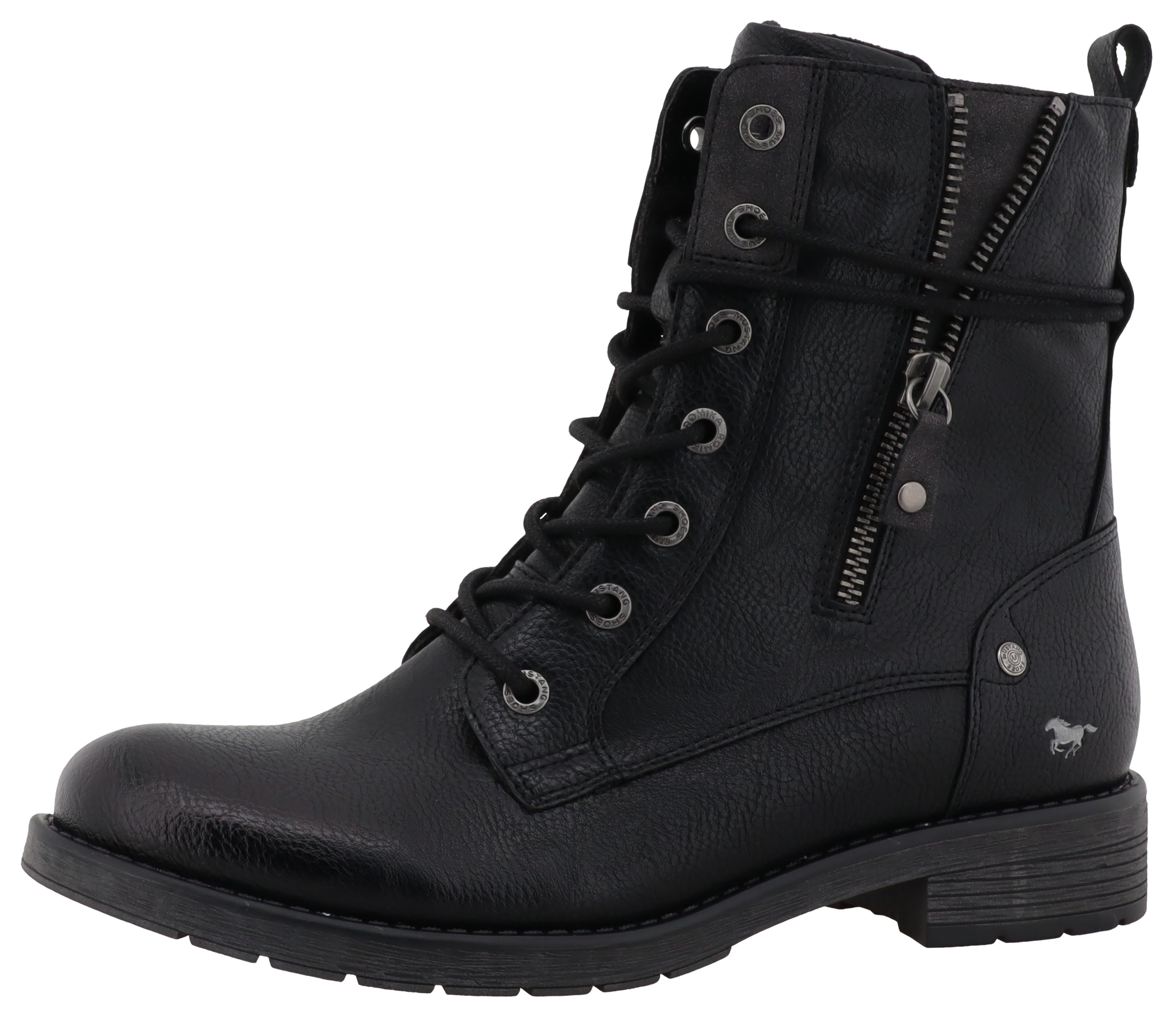 Winterstiefelette MUSTANG SHOES "Elfi", Damen, Gr. 41, schwarz, Lederimitat, Schuhe Winterstiefelette, Winterstiefel mit Reißverschluss und markanter Schnürung, Topseller