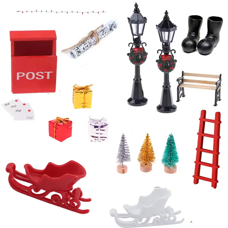 Accessoires pour maison de poupée, Mini accessoires de noël, modèle boîte-cadeau, banc, lampadaire, couronne, arbre de noël, cadeau de noël