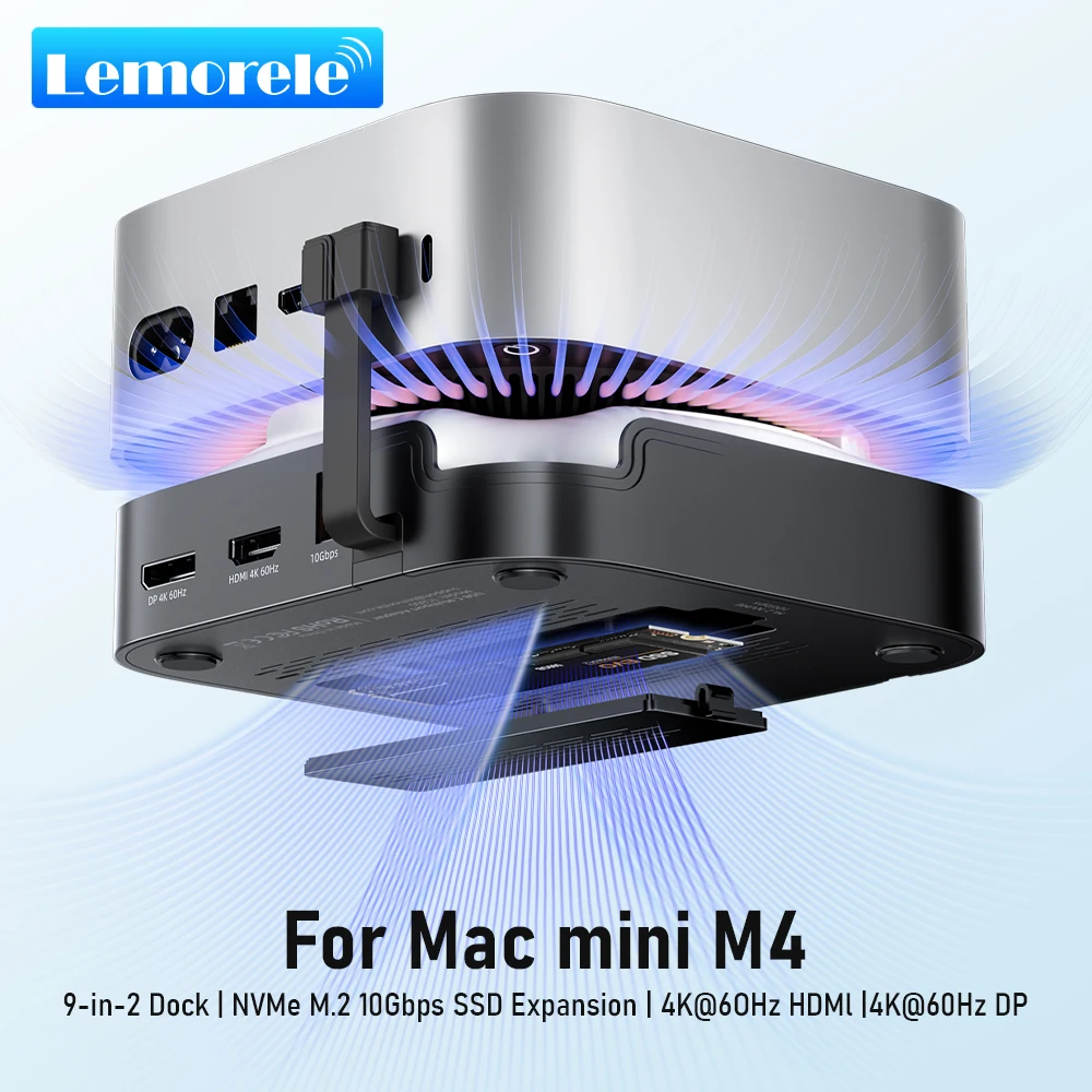 Lemorele TC800 Mac mini M4 9 en 2 USB C Hub Dock avec double 4K HDMI DP 10Gbps NVMe M.2 emplacement SSD lecteur de carte SD/TF pour Mac Mini M4