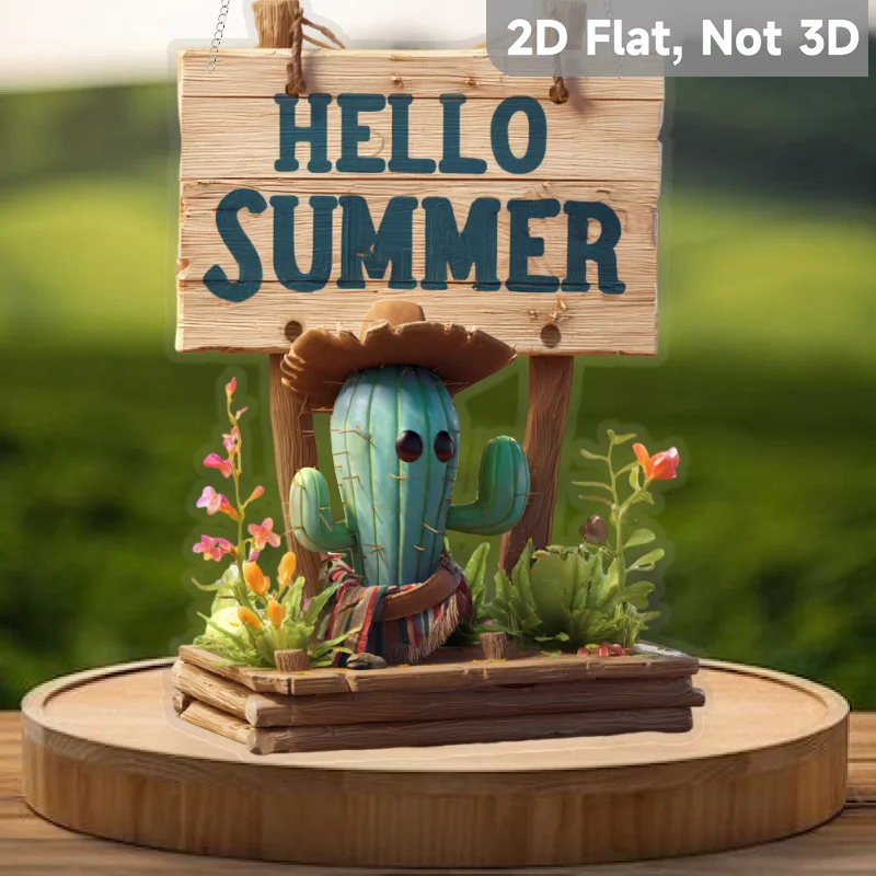 1 x Willkommensschild mit Kaktus und „Hallo Sommer“, perfekt für Veranda, Garten- und Hofdekoration, perfektes Geschenk für Freunde Image