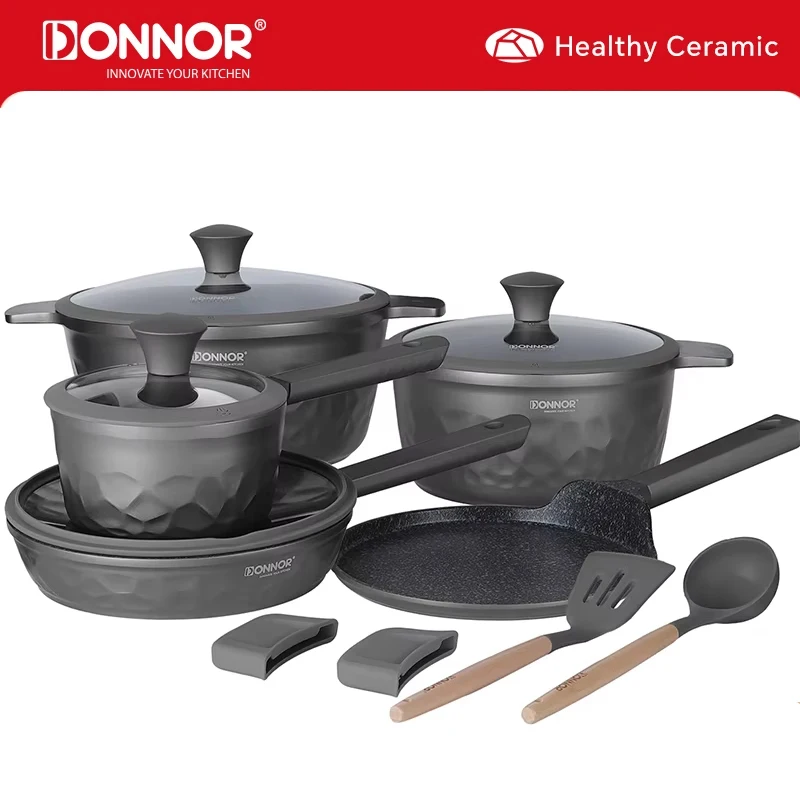 DONNOR 13-teiliges Keramik-Kochgeschirr-Set, Töpfe und Pfannen-Set, ungiftig, gesund, antihaftbeschichtet, Küchen-Kochset mit kühlem Griff JT451 Image