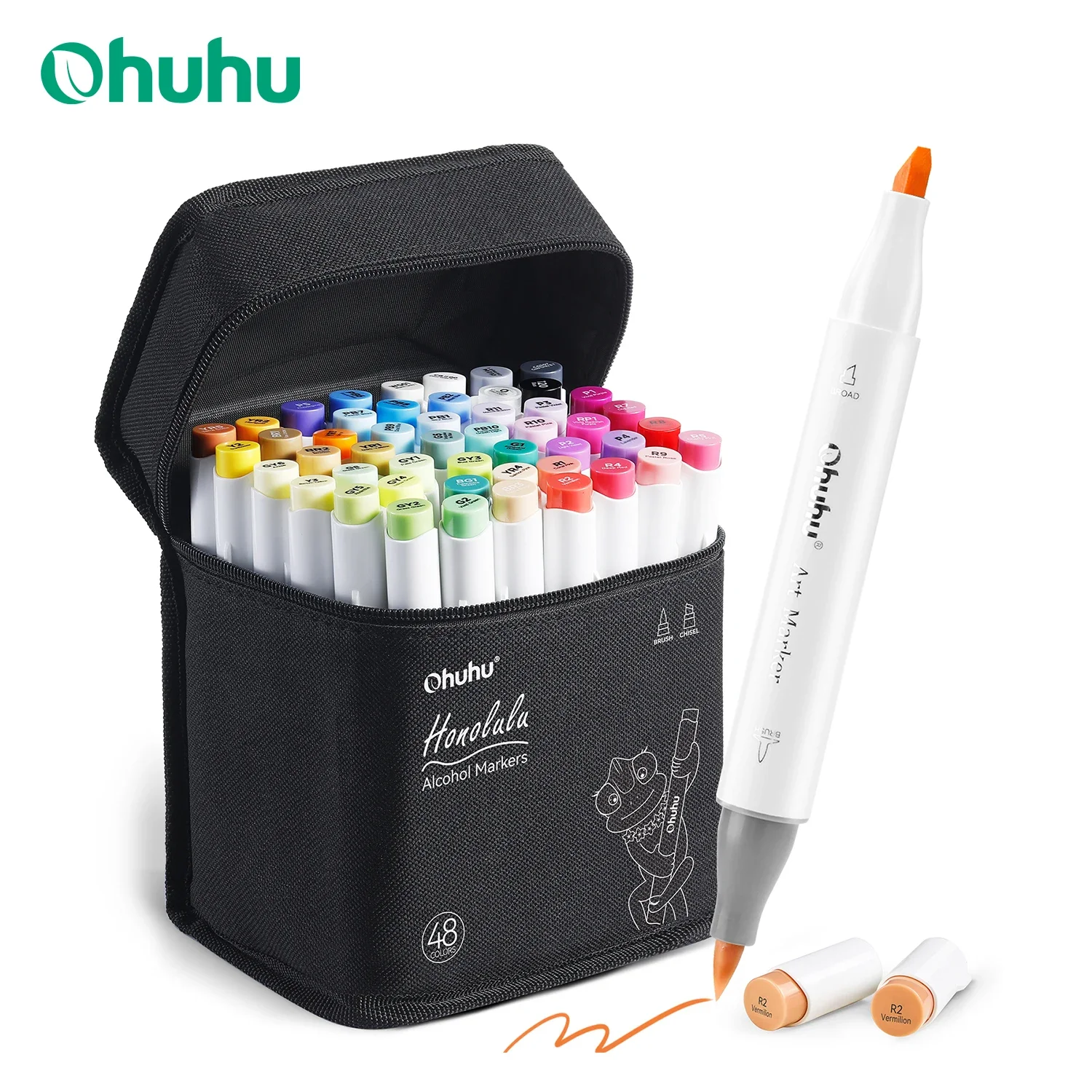 Ohuhu Honolulu 48-Farben-Markierungsstift-Set, Alkohol-Kunstmarker, nachfüllbar, Doppelspitzen, Skizzieren, Zeichnen, Manga, Schule, Kunstbedarf Image