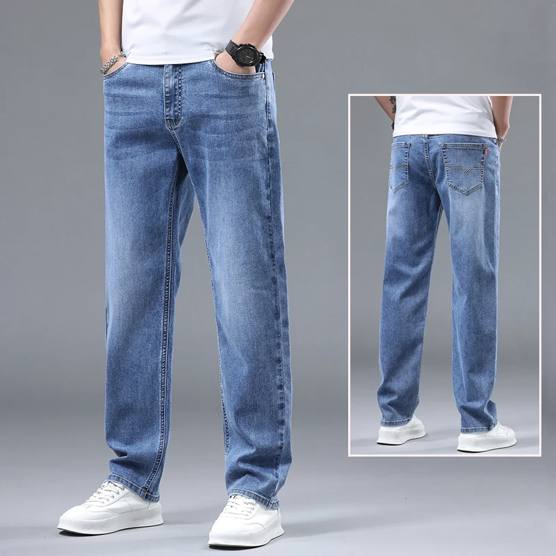 Baumwolle Herren Gerade Stretch Jeans Plus Größe Casual Lange Denim Hosen Herbst Winter Klassische Koreanische Blau Schwarz Gürtel Jeans