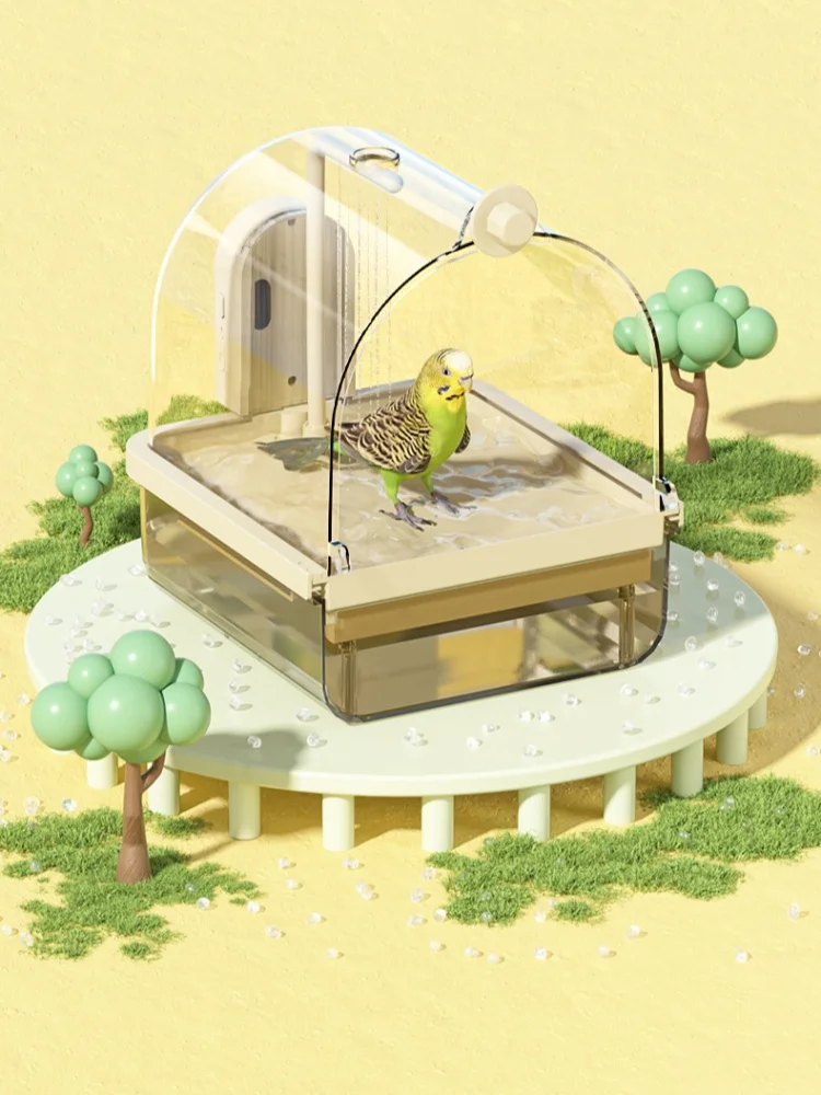 Bagno per uccelli trasparente sospeso Doccia da bagno con circolazione automatica dell'acqua per uccelli Accessorio per gabbia per uccelli dal design salvaspazio facile da pulire
