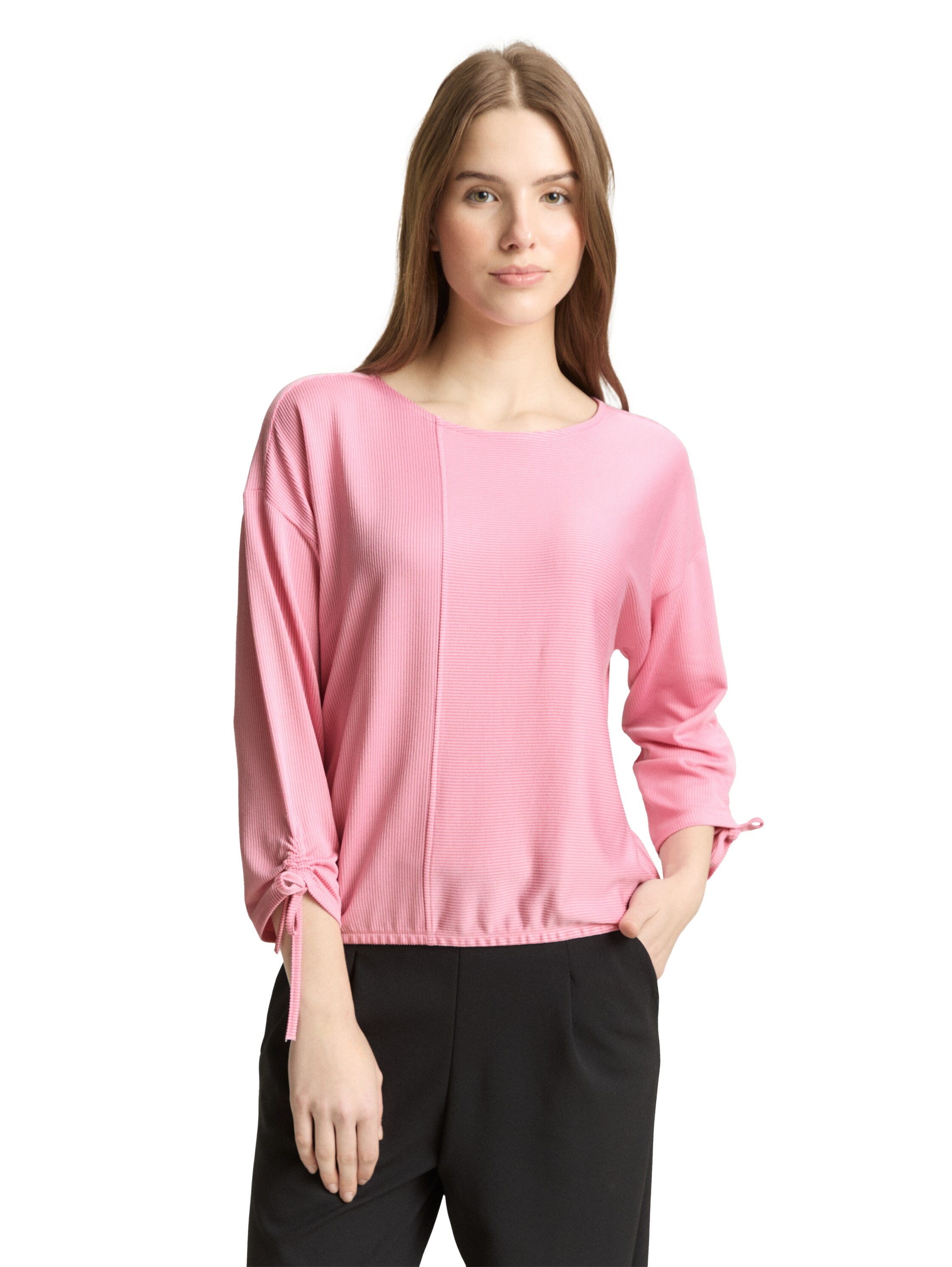 3/4-Arm-Shirt TOM TAILOR DENIM, Damen, Gr. XL, small tonal blush rose stripe, Single Jersey, Obermaterial: 58% Viskose, 38% Polyester, 4% Elasthan, gestreift, regular fit normal, Rundhals, verstellbar mit Bindeband, Shirts 3/4-Arm-Shirt, in feiner...