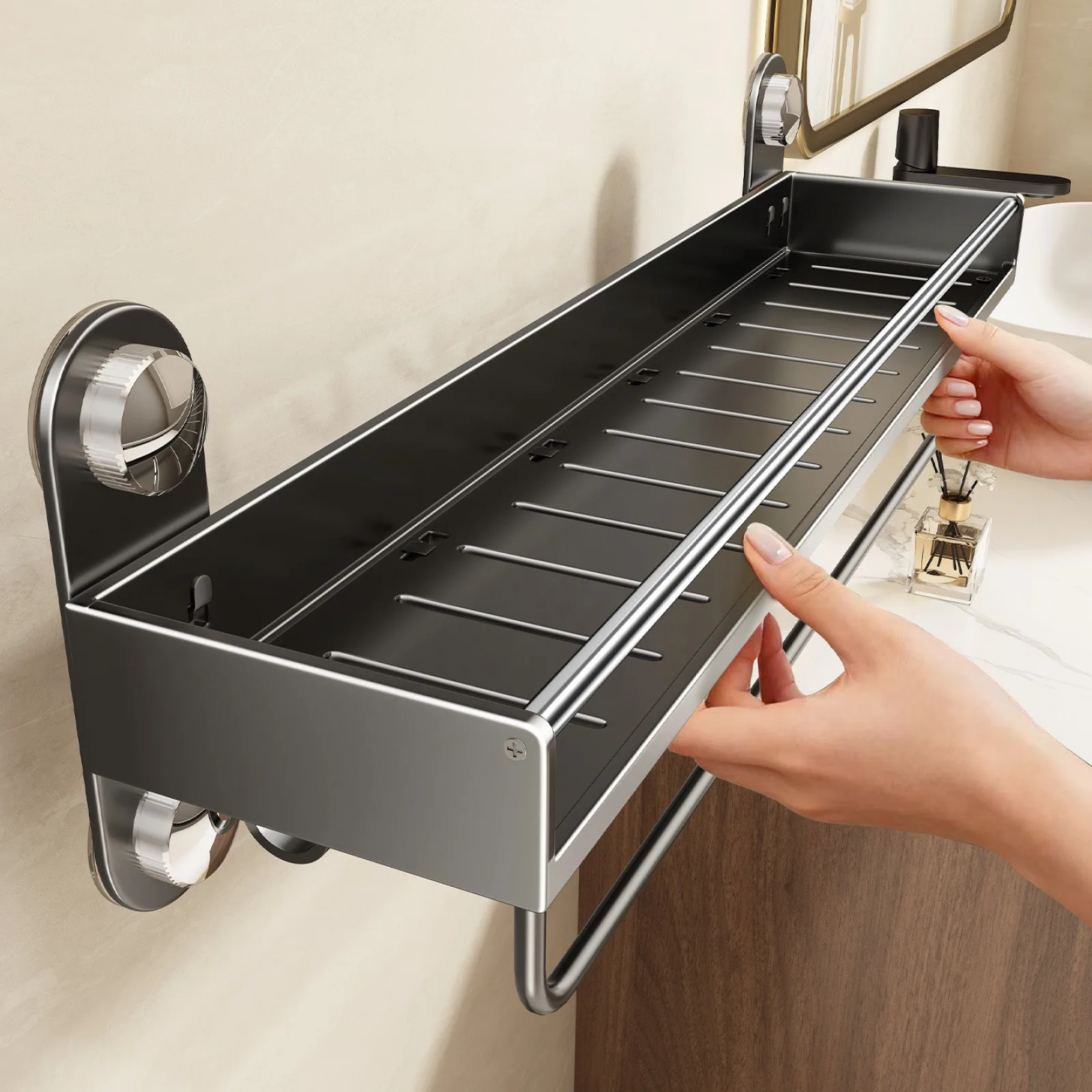 Support de salle de bain sans perceuse, étagère de salle de bain, toilettes, support suspendu en acier inoxydable et en acier au carbone, organisateur de salle de bain à accrocher au mur