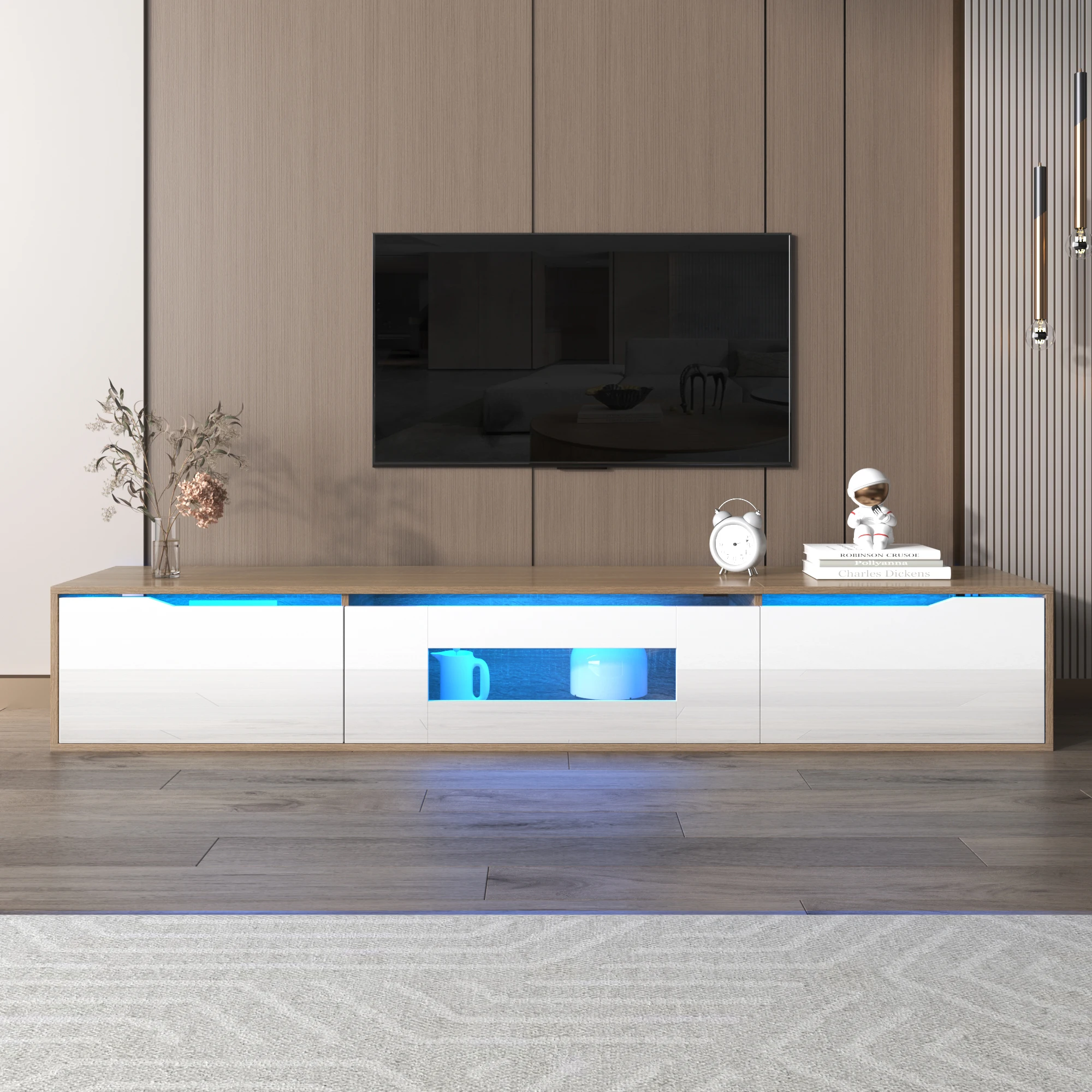 Anajqaqia Meuble TV moderne 180 × 30 × 35 cm, meuble TV haute brillance, meuble TV avec éclairage LED à couleur changeante et espace de rangement