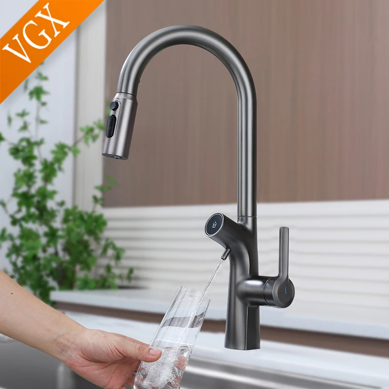 VGX filtre à eau robinet de cuisine double bec robinet d'eau potable Pure extractible évier de cuisine mélangeur cuisine robinet gastronomique grue or