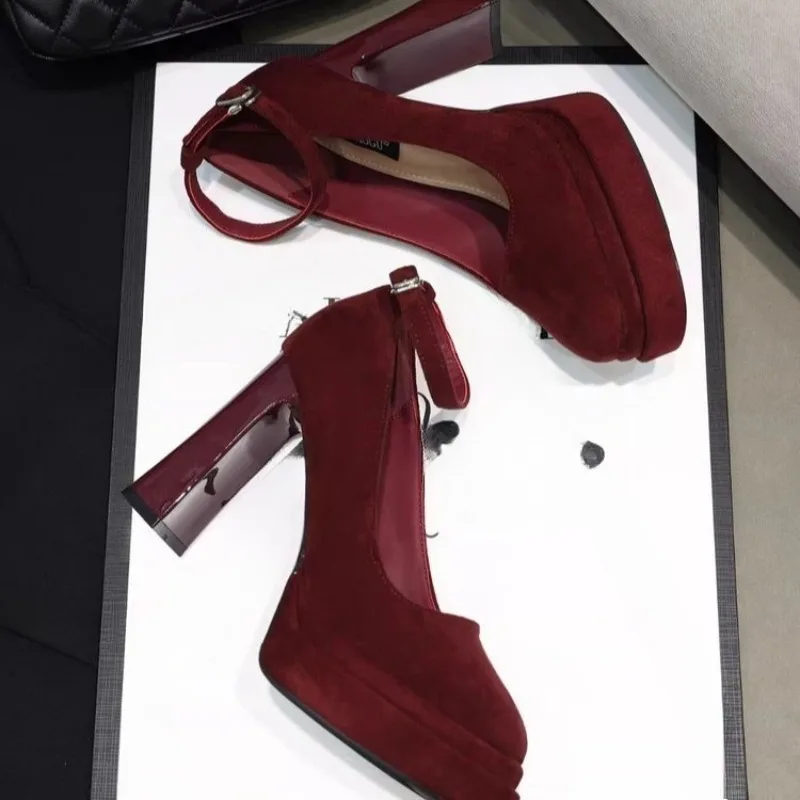 Plateau-Einzelschuhe, modisch, hoher Absatz, runde Zehenpartie, Wildleder, ein Riemen, rutschfeste Blockabsatz-Schuhe Image