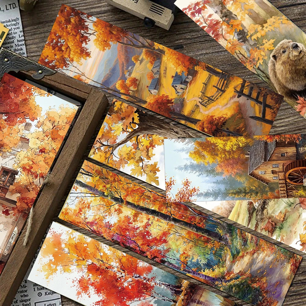 30PCS Schöne Retro Herbst Lesezeichen Berg Dorf Fluss Goldene Ahornblatt Wald Kunst Papier Buch Seite Markierung Karte Lesezeichen Image
