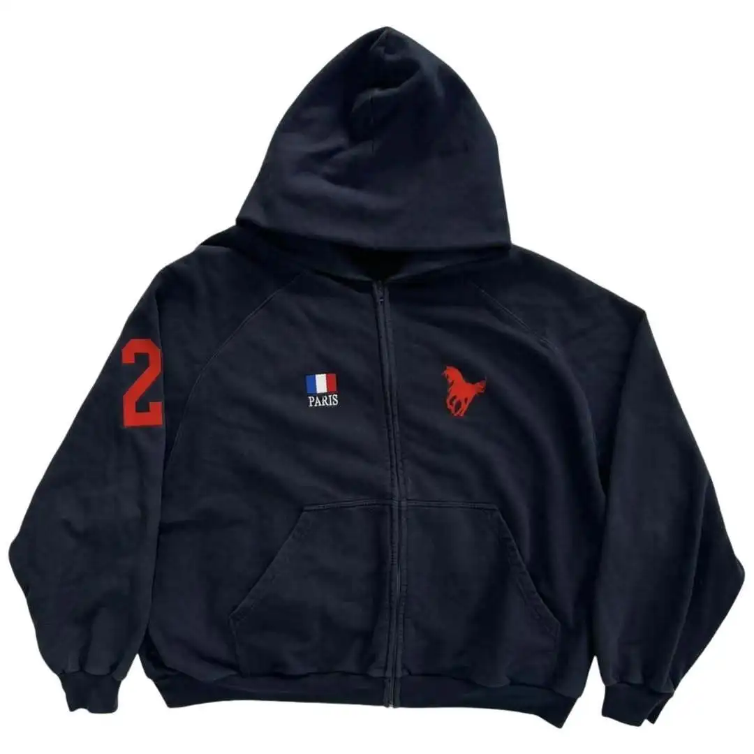 Navy Paris Horse Grafik-Kapuzenpullover mit Reißverschluss, Unisex Y2K Streetwear Französische Jacke, lässiges Edgy Nummer 2, Kapuzenpullover