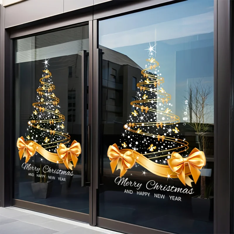 Goldene Weihnachtsbaum-Aufkleber zum Selbermachen, frohe Weihnachten, Fenster, Glastür, elektrostatische Aufkleber, Fensterdekorationsaufkleber Image