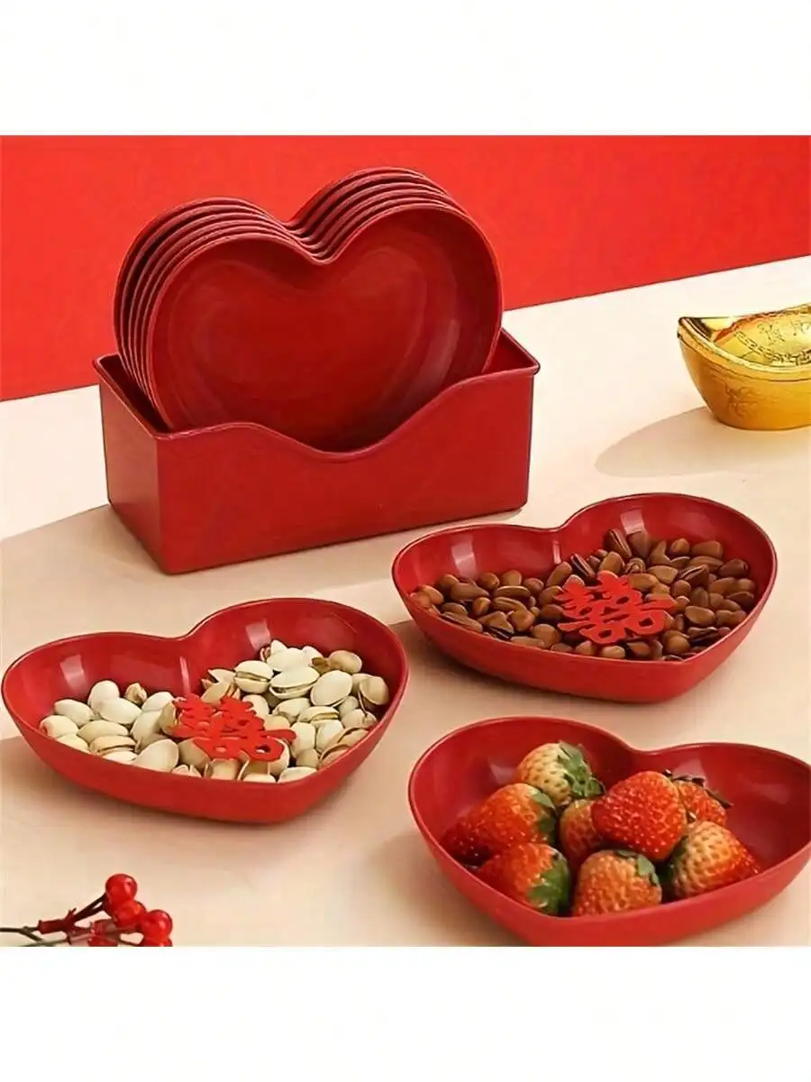1/5/10/20-teiliges herzförmiges Speiseteller-Set aus Kunststoff – Obst-Snack-Teller mit rotem und rosa Herzmotiv, geeignet für alle Partys Image