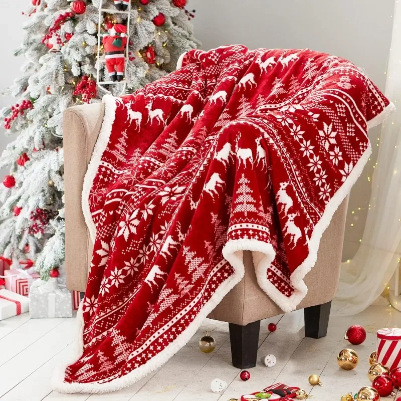 Touchat Red Sherpa Weihnachts-Überwurfdecke, flauschig, weich, gemütlich, Flanelldecke für Couch, Bett, Sofa, Büro, Dekoration, Neujahr Image