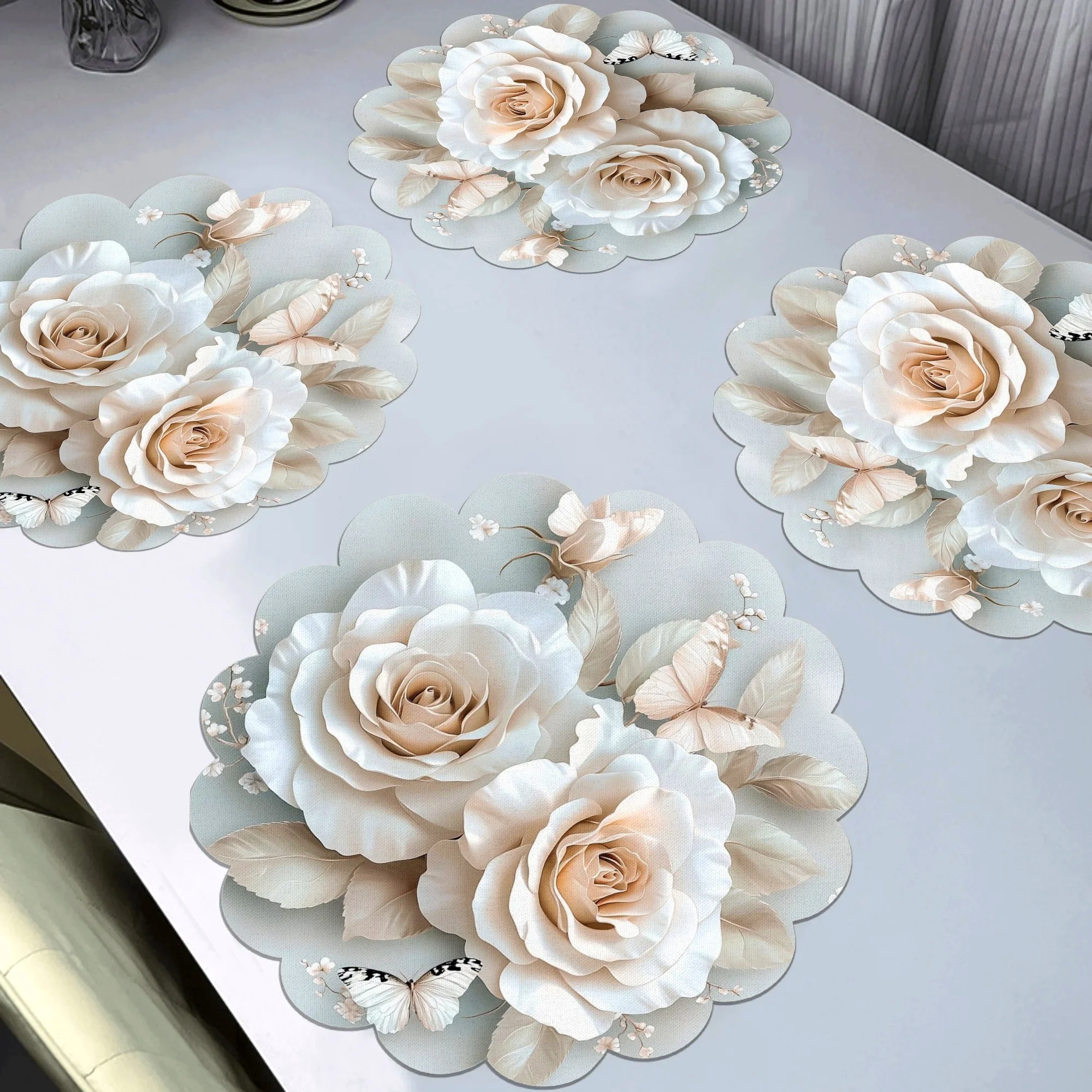 VIKAMA 4 Stück Frühlings-Blumen-Schmetterlings-Kolibri-Hortensien-Wellen-Tischsets, wasserdicht, hitzebeständig, dekorative Tischsets Image