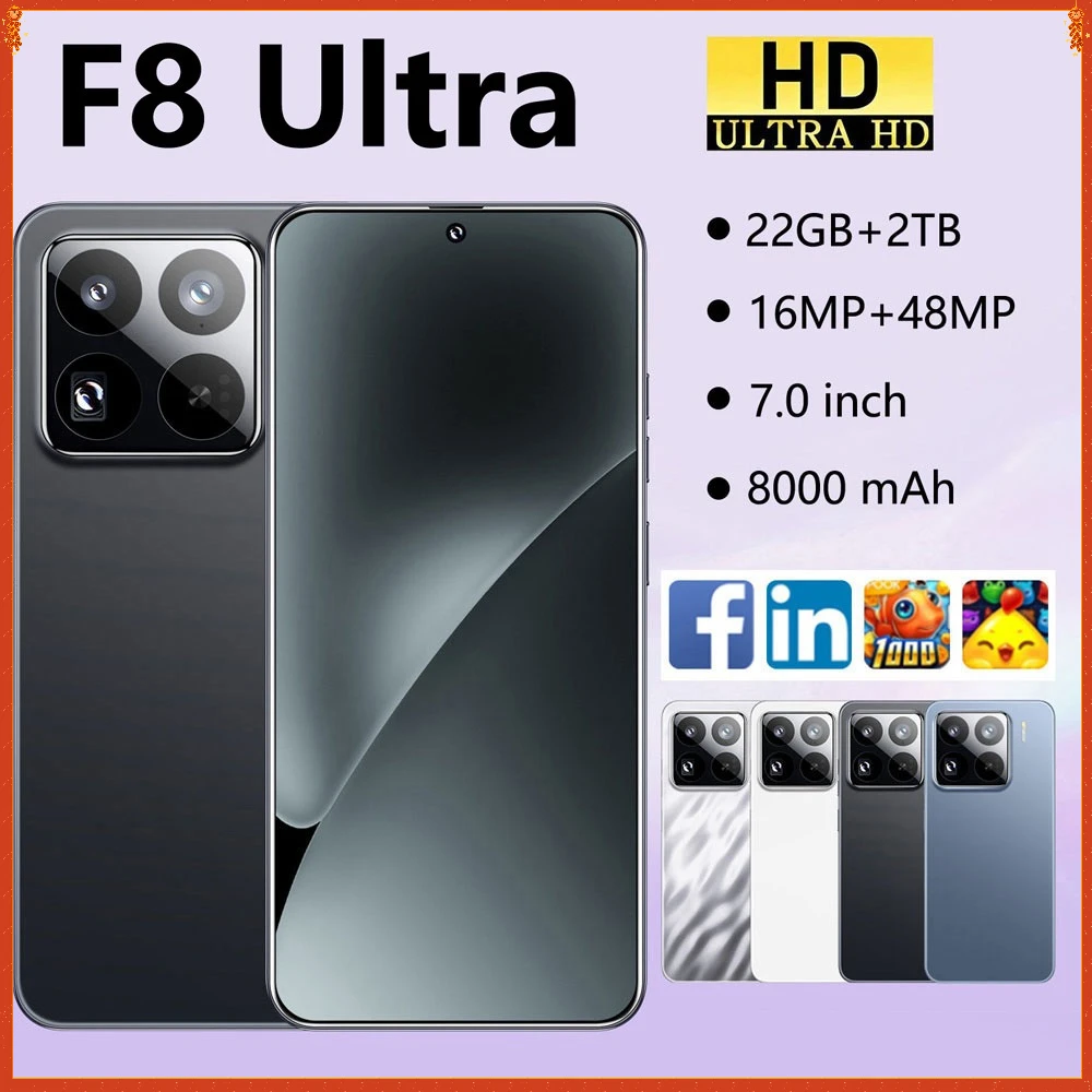 New F8 Ultra 7.0 inch Cell Phone 4G 5G Smartphone Android 22G+2TB Dual SIM Card 8000mAh Mobile Phones Unlocked Global Version