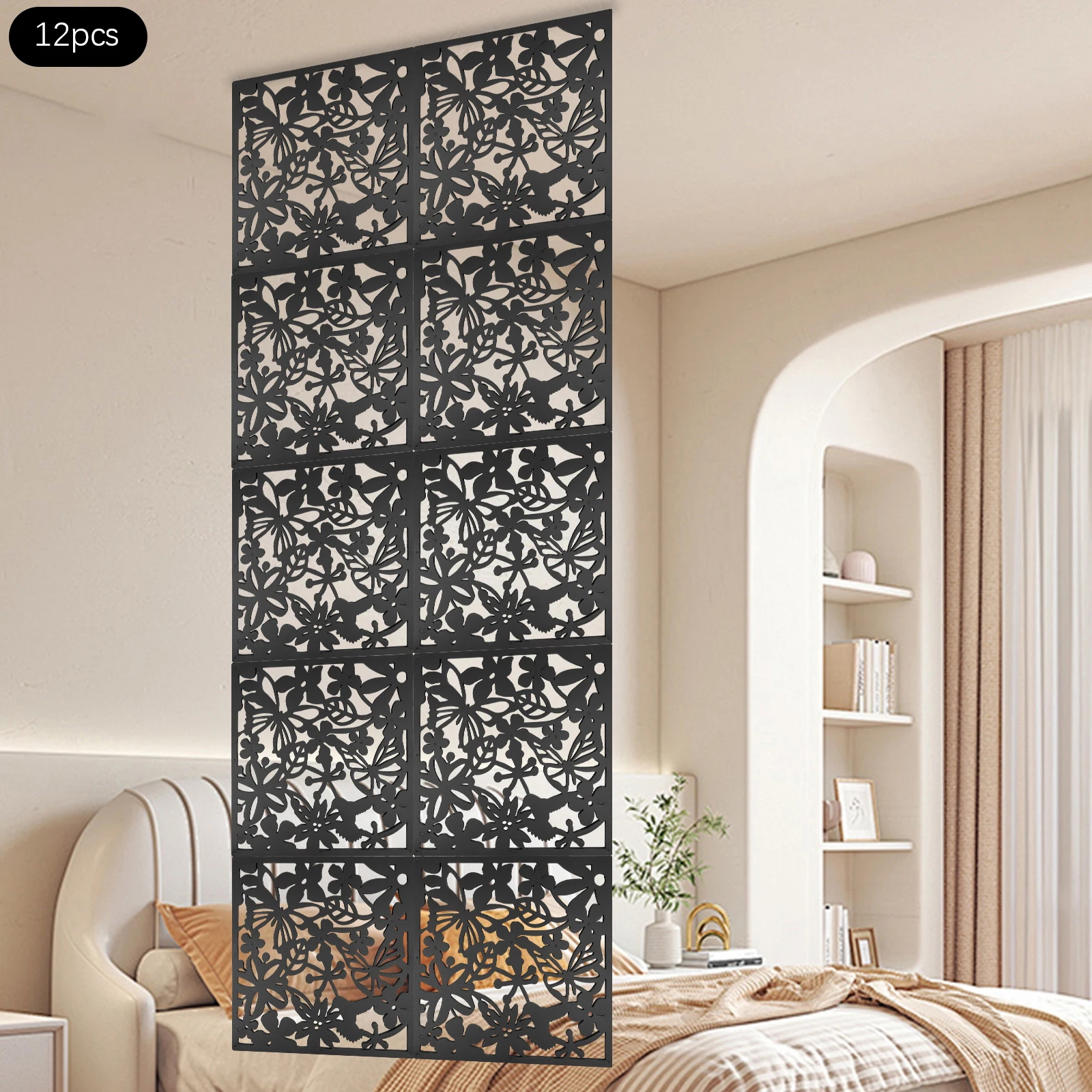 12-teiliger Raumteiler aus Eisen und PP, schwarzes Schmetterlingsmuster, 40 x 40 cm, Einzelplatte, 1,92 m2 Abdeckungsbereich, dekorativer Innenschirm Image