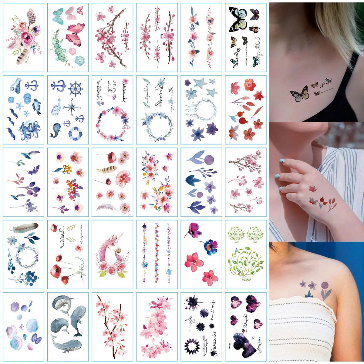 30 Blatt temporäre Tattoo-Aufkleber, kleines süßes stilvolles Muster für Frauen, Körper, Finger, Handgelenk, Schulter, Arm, Kunst-Tattoo-Aufkleber Image