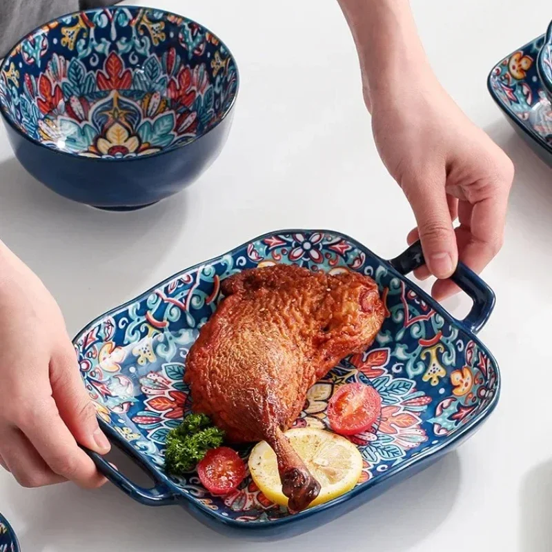 Bohemia Ceramic Rice Bowl Serving Plate Creative Ceramic Cutlery Soup Noodle Bowl Household Handle Bowl Sauce Dish