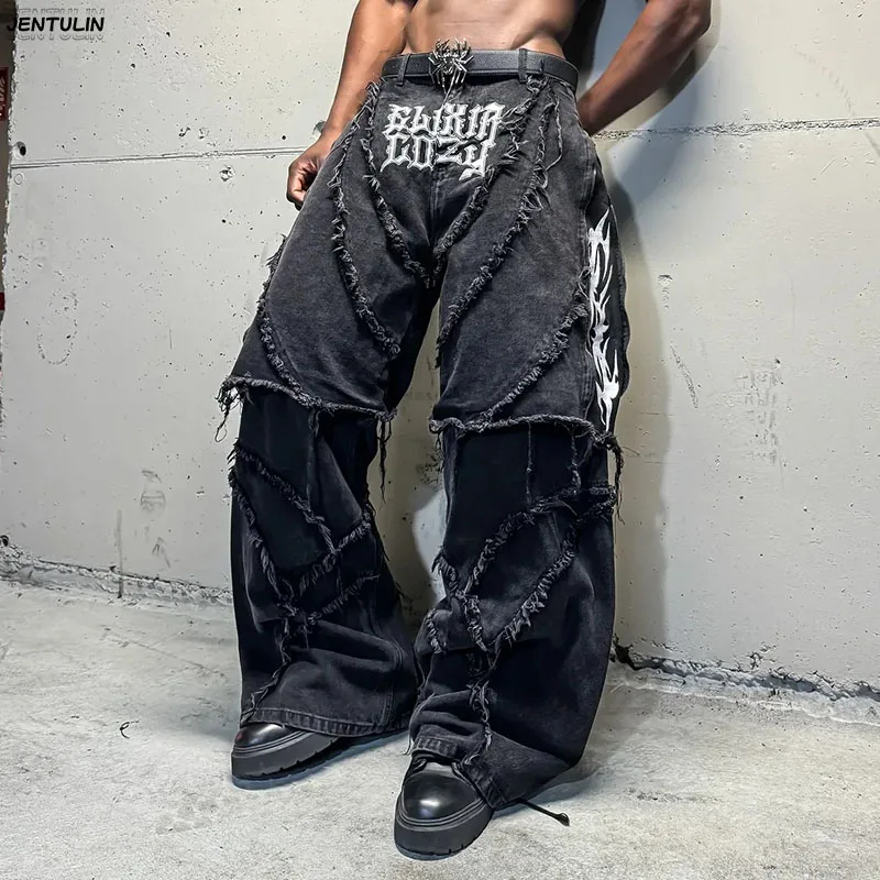 Gemütliche abnehmbare Jeans Retro Punk Streetwear Zipper Patchwork Streifen Denim Hosen Männer Kleidung Schwarz Baggy Hip Hop Spleißen Jeans