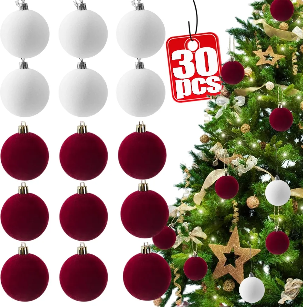 Weiß Rot Beflockte Weihnachtskugeln Ornamente Samt Weihnachtsbaum Hängende Anhänger Hochzeit Urlaub Party Home Dekore Liefert Image