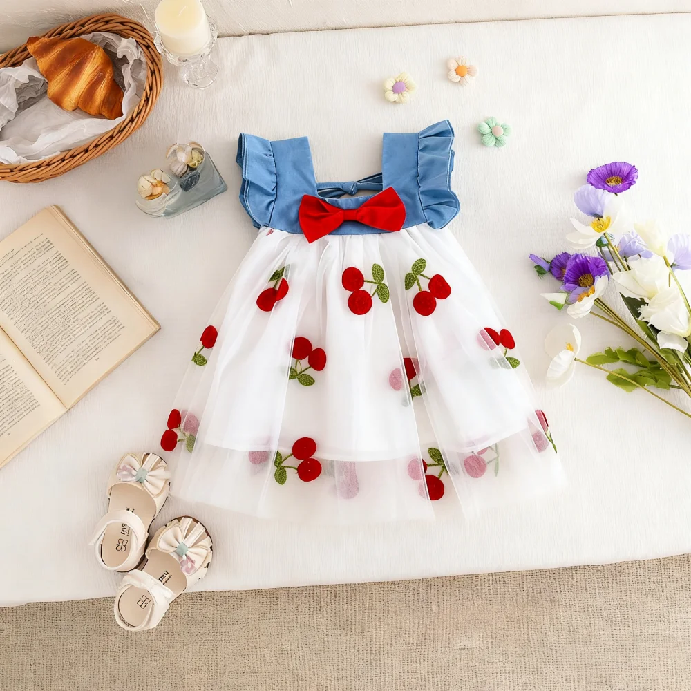 Baby Mädchen Kleid Sommer Spitze Kirsche Kurze Puff Sleeve Baby Kleid Entzückende Schmetterling Hochzeit Blumenmädchen Kleid Baby Mädchen Kleidung Image