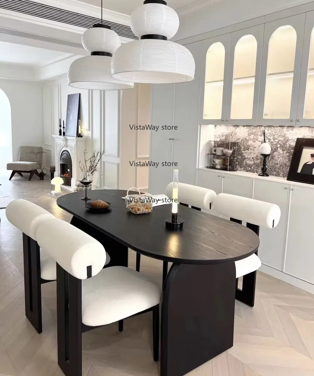 Esstisch-Stuhl-Set aus massivem Holz im modernen Stil, ovaler kleiner französischer schwarzer Haushaltsschreibtisch mit Stoff, antiker Stil, antiker Stil