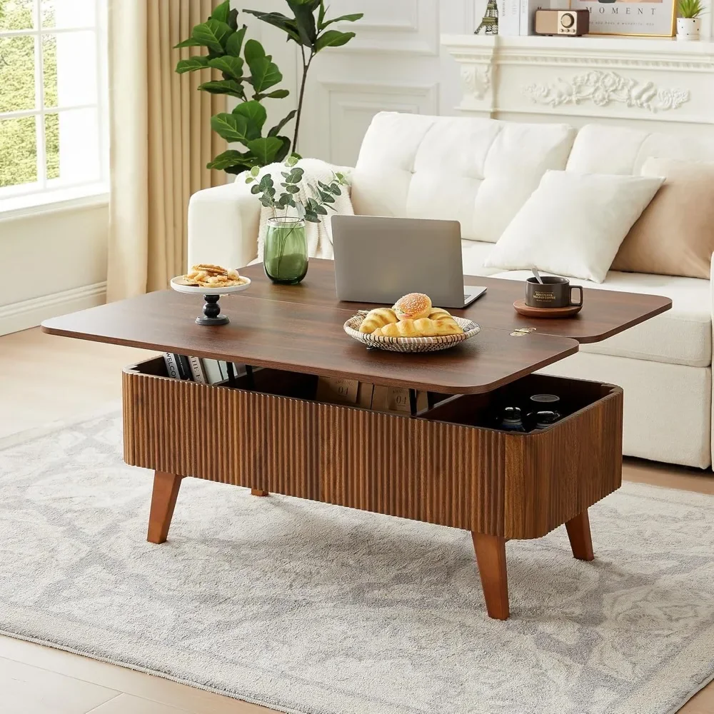 3-in-1-Couchtisch mit Hubplatte, geriffelte umwandelbare Couchtische, wandelt sich in Esstische um, moderner ovaler Mitteltisch aus Holz mit S