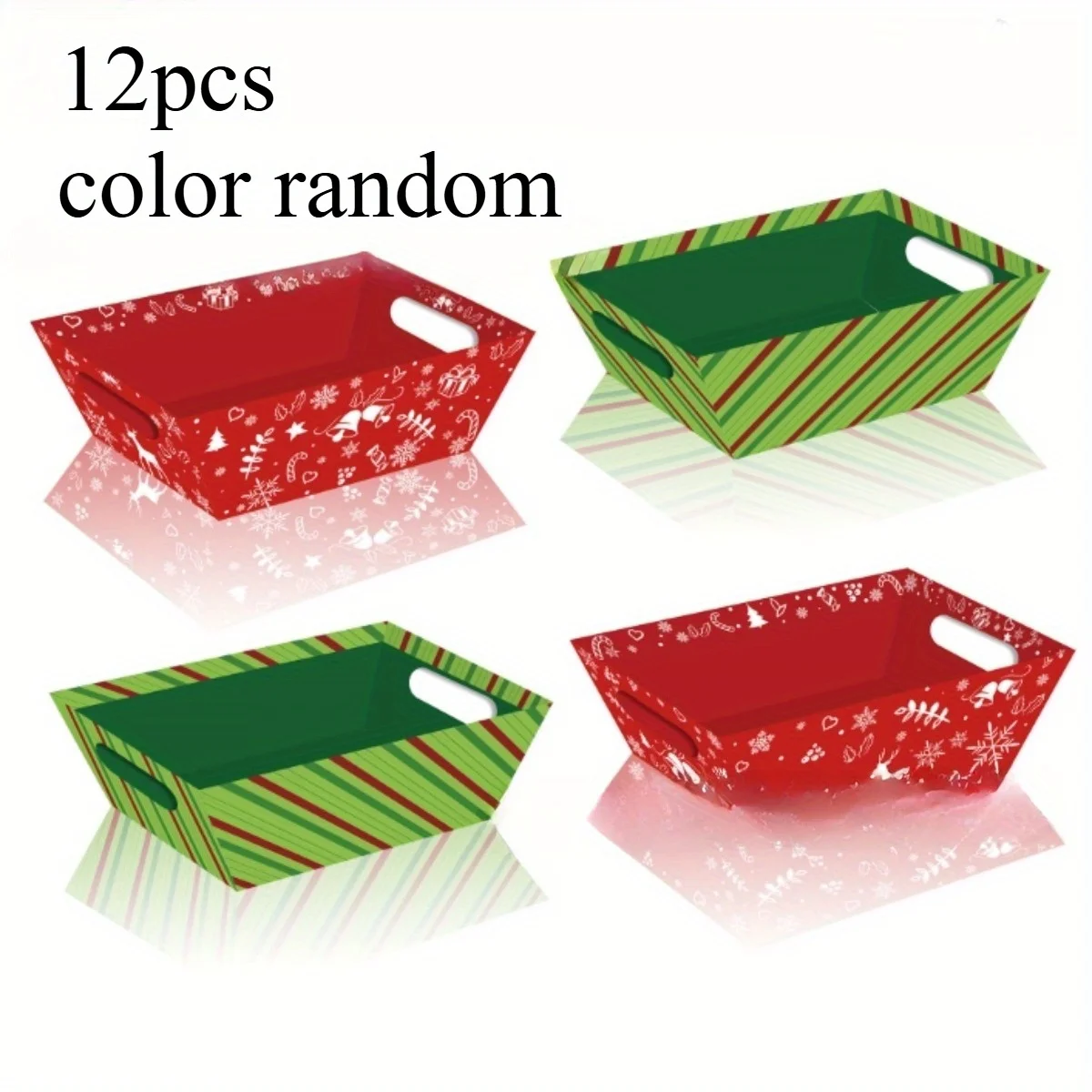 12 Stück robuste Weihnachtsgeschenkboxen aus Pappe mit Deckel – rot, grün gestreift, einfarbige Tabletts mit Schneeflocke, Rentier Image