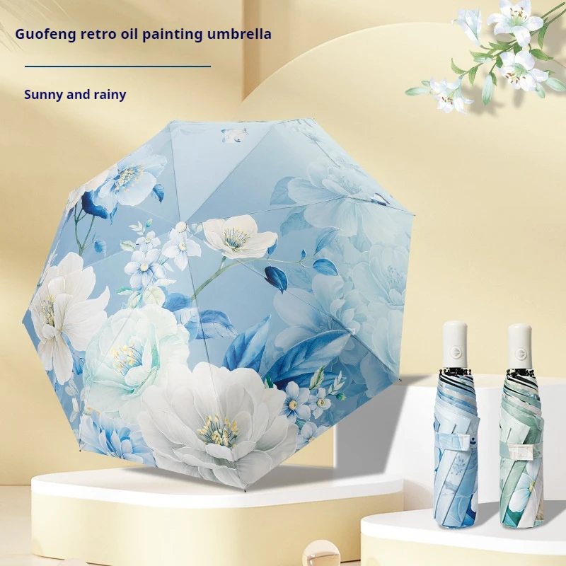 Dreifach gefalteter Regenschirm schwarzer Kleber Pfingstrosen-Sonnenschutz schirm im chinesischen Stil Anti-UV-klarer Regenschirm Sonnenschirm Klapp schirm Image