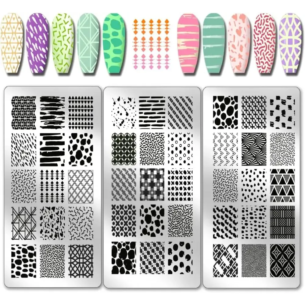 3 stücke Geometrische Linie Muster Nagel Stempel Platte Textur Muster Nägel Schablonen Edelstahl Nagel Bild Platte Geometrische Druck Kunst Image