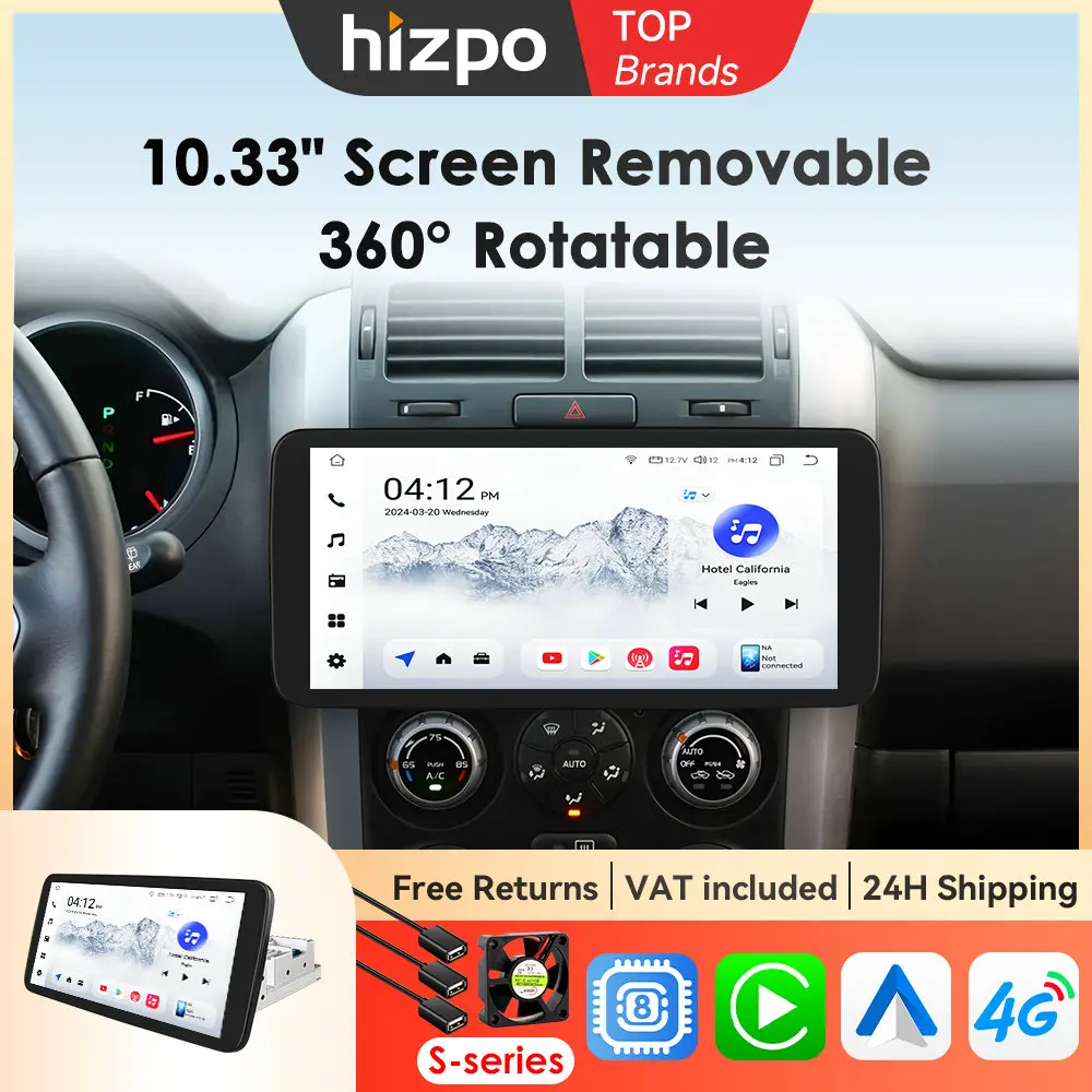 Hizpo Android 13 Autoradio Video Multimidia Radiospeler 10,33 Zoll Universal Autoradio GPS Wifi drehbarer Touchscreen 8G 128G Image