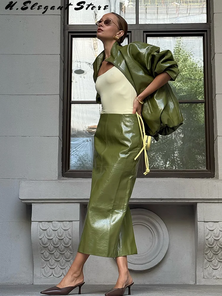 Pu-Lederjacke, Rock-Sets, Stehkragen, lockerer Mantel, niedrige Taille, fester langer Rock, Herbstmäntel, Rock-Sets, 2025, neue Damen-Outfits Image