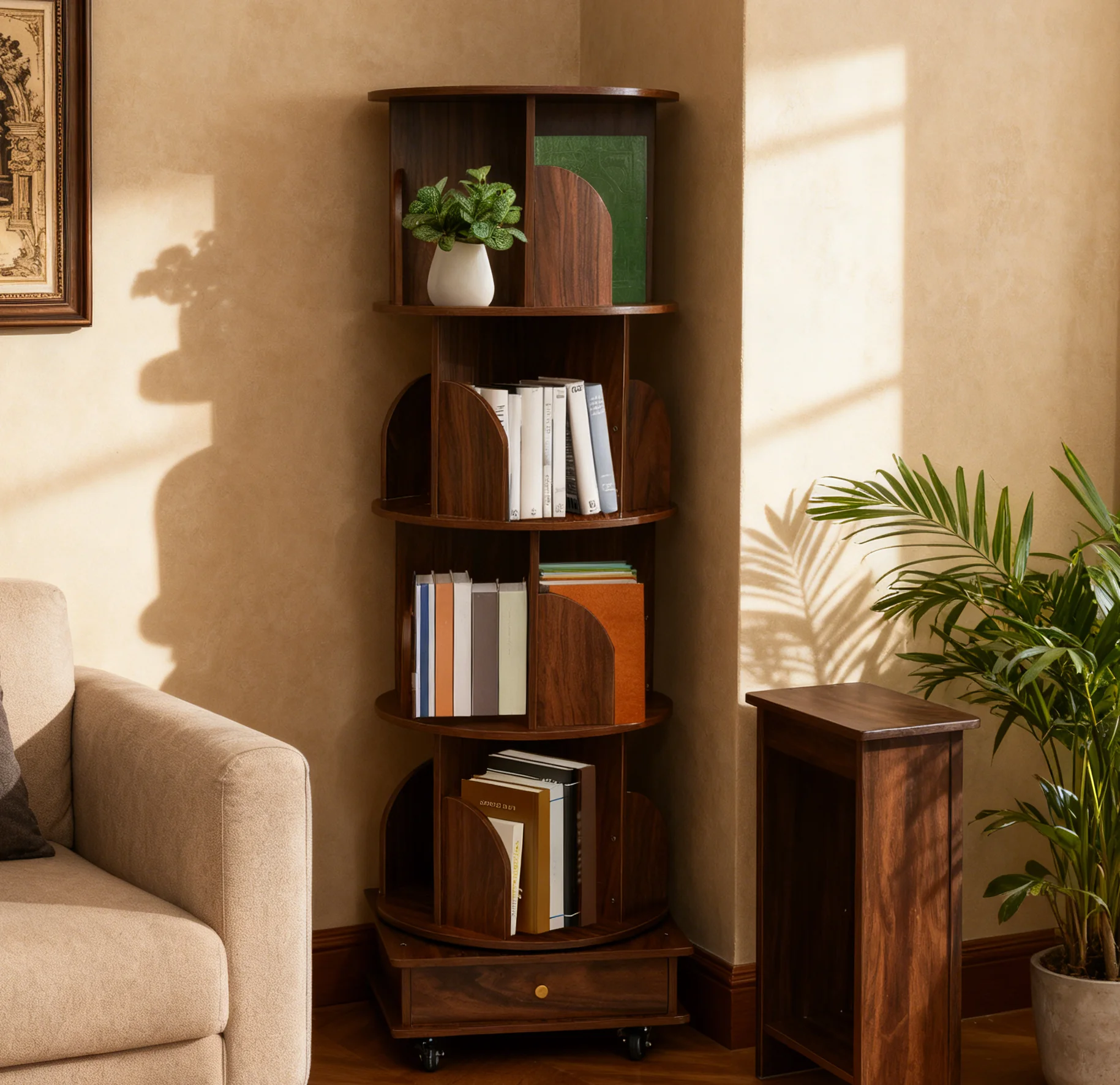 Drehbares Bücherregal aus massivem Holz, 360-Grad-Bücherregal, Standregal, Aufbewahrungsregal auf Rädern, 4 Etagen, Heimecke, Kinder-Bücherregal Image